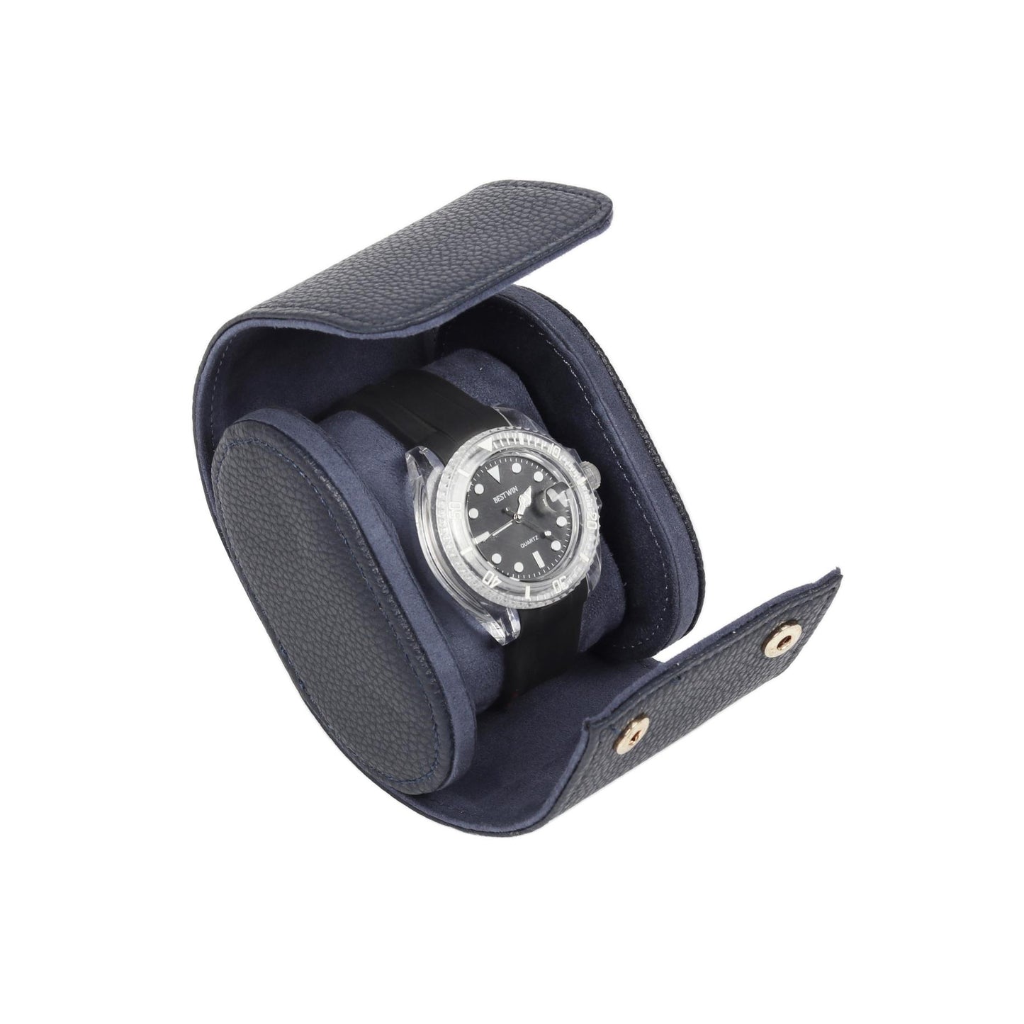 HQ Single Watch Genuine Leather Travel Case/Roll - Navy Blue