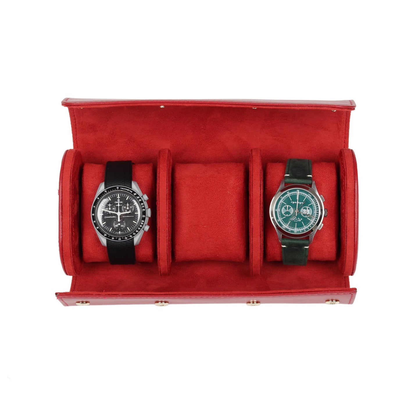 HQ 3 Slot Luxury Travel Watch Case Genuine Leather - Velvet Red