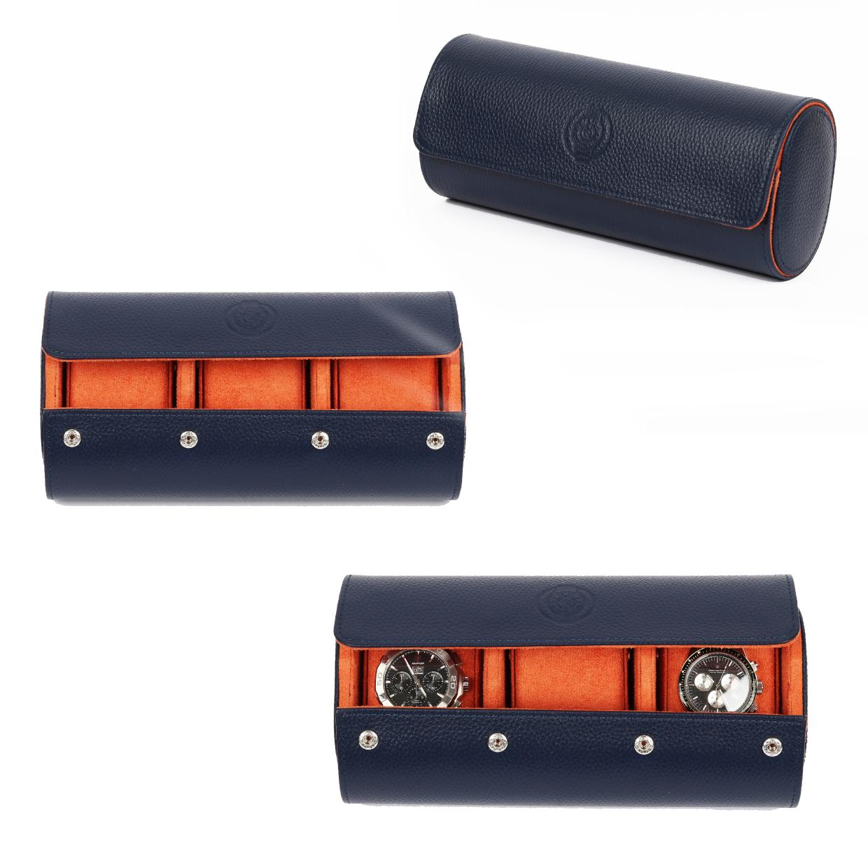 HQ Watches Care Navy Blue Genuine Leather Watch Case Roll for 3 Watches