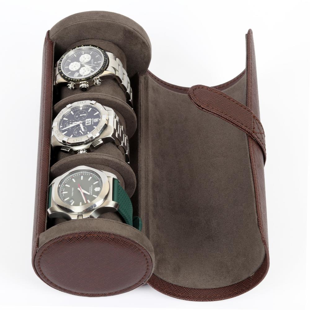 HQ 3 Slot Travel Watch Case Roll Brown
